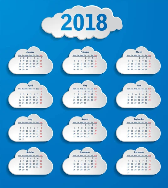 Białe Chmury 2018 Kalendarz Niebieskim Tle — Wektor stockowy