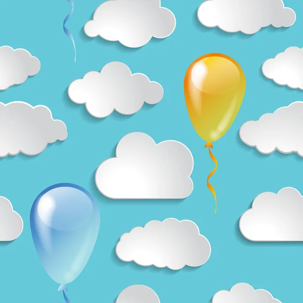 青い空のシームレスな背景の雲が紙光沢のある風船 — ストックベクタ