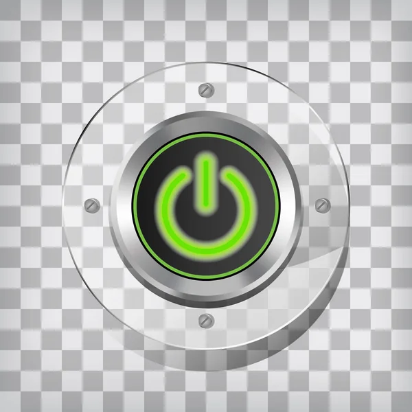 Metallic Green Power Button Icon Squared Background — Stock Vector