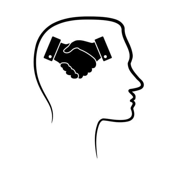 Esquema Icono Diseño Con Cabeza Humana Cerebro Negro Apretón Manos — Vector de stock