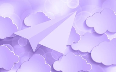 Kağıt Uçak ve bulutlar Ultra Violet glitter bokeh arka plan. 