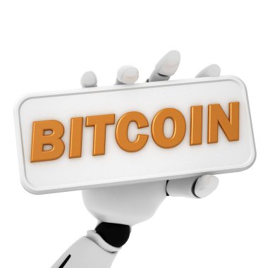 robot el 3D render bir tabak bitcoin metin ile tutun