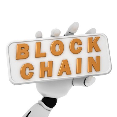 robot el 3D render bir tabak blockchain metin ile tutun