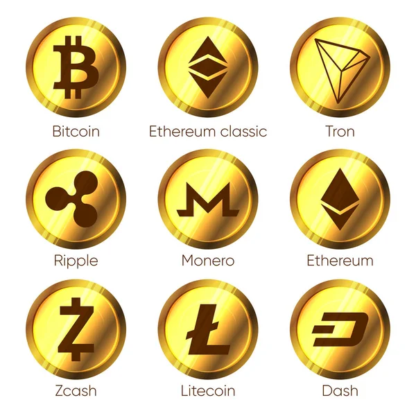 Flache Kryptowährungen Symbole Von Zcash Strich Tron Bitcoin Ethereum Ripple — Stockfoto