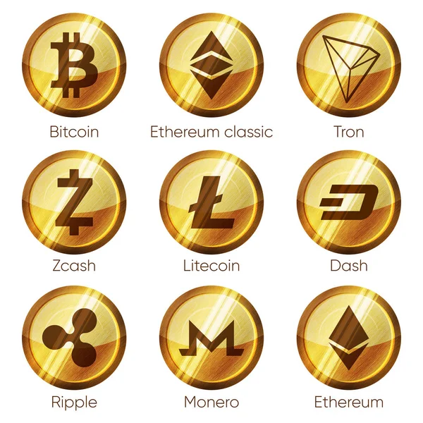 Iconos Planos Criptomonedas Madera Dorada Zcash Dash Tron Bitcoin Etéreo — Foto de Stock