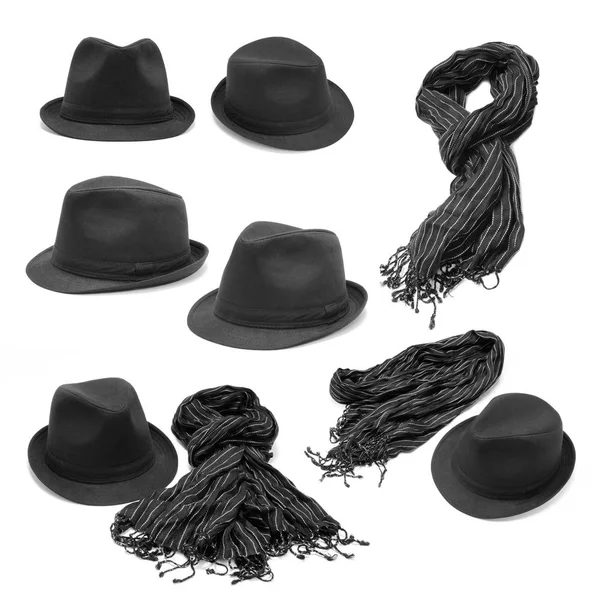 Ensemble Chapeaux Noirs Avec Écharpe Rayée — Photo