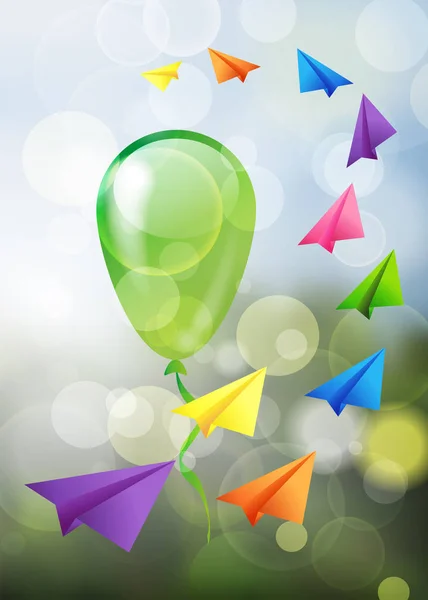 Uppsättning Flying Färgat Papper Plan Och Grön Ballong Suddig Bakgrund — Stockfoto