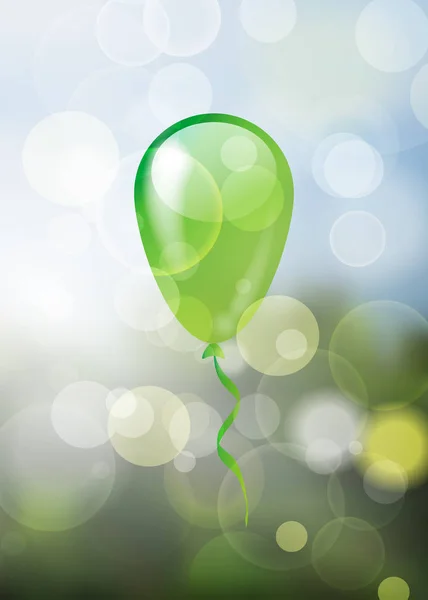 Alone glossy green balloon on natural spring blurred bubbles background