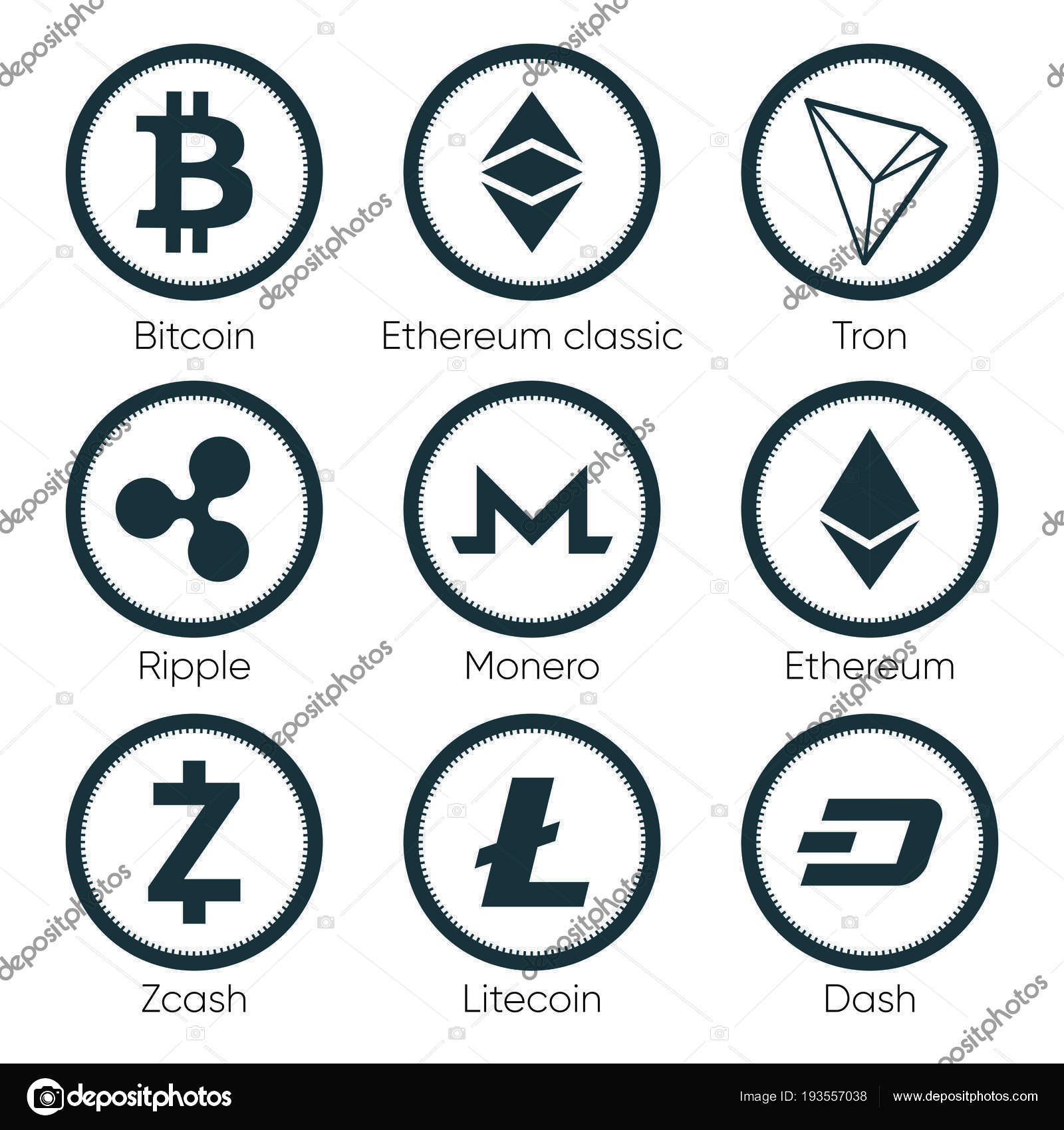 Cryptocurrencies Zcash Tron Bitcoin Monero Litecoin 바탕에 아이콘 미디어 디자인에 스톡 벡터  - ©sommersby 193557038