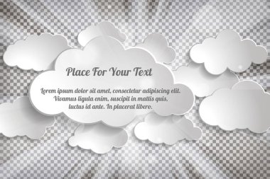 Saydam arka plan üzerinde beyaz kağıt bulutlar koleksiyon soyut