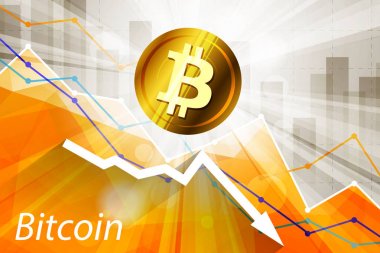 Arka plan aşağı ok ve istatistik grafik üzerinde parlak ışınları Bitcoin cryptocurrency