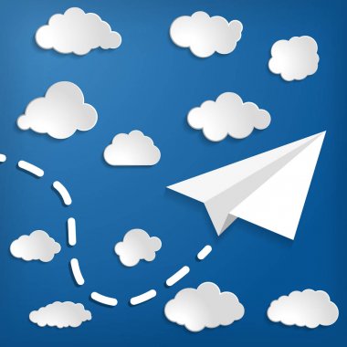 Mavi AIR arka plan üzerinde beyaz kağıt bulutlar.