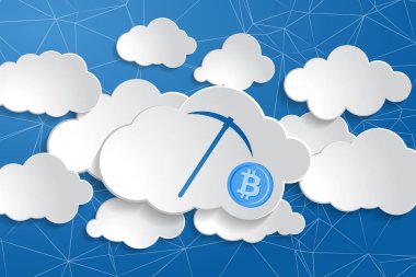 Kripto para birimi bulut maden kazma simgesi mavi zemin üzerine Bitcoin