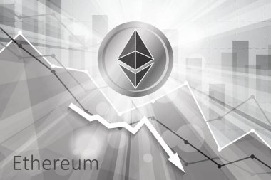 Arka plan aşağı ok ve istatistik grafik üzerinde parlak ışınları Ethereum cryptocurrency