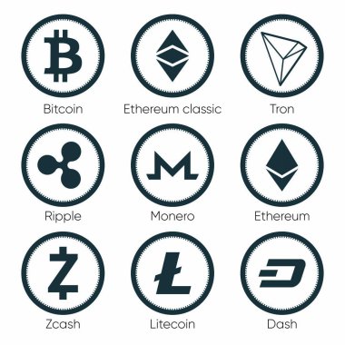 Düz cryptocurrencies simgeleri zcash, çizgi, tron, bitcoin, ethereum, dalgalanma, monero ve beyaz arka plan üzerinde litecoin. Semboller için UI, web, sosyal medya tasarımları