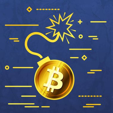 Düz çizgi tasarım grafik görüntü kavramı mavi arka plan bitcoin bomba simgesine