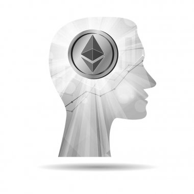 Gri ethereum cryptocurrency para erkek kafasında 