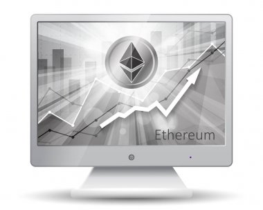 Arka plan çeşitli görselleştirme monitör ekranında gösteren istatistik grafik ile parlak ışınları Ethereum cryptocurrency