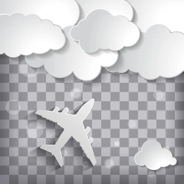 Avión Papel Con Nubes Papel Sobre Fondo Cuadros — Vector de stock