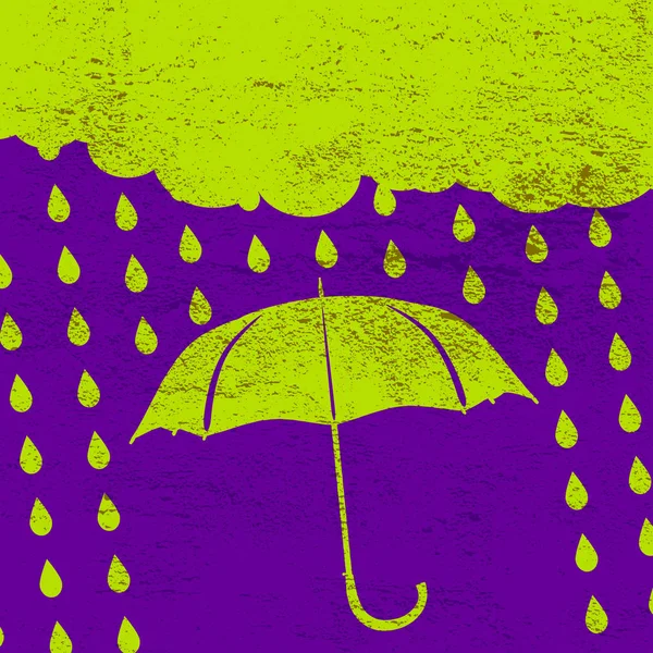 Gröna Molnet Med Paraply Och Regnet Droppar Ultra Violett Bakgrund — Stock vektor