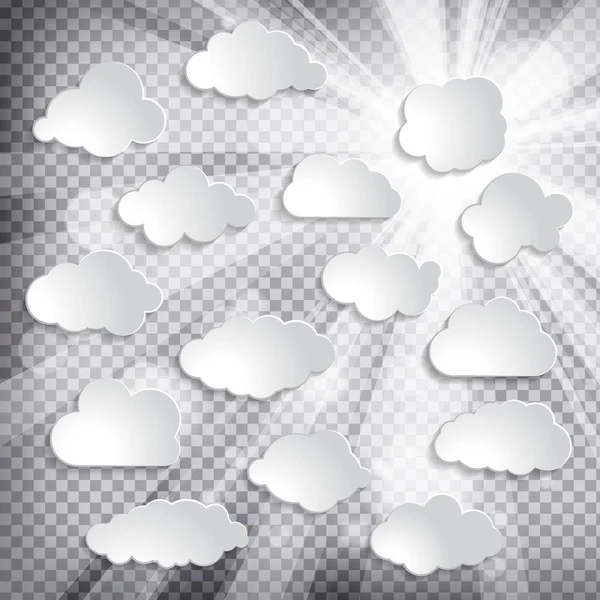 Colección Abstracta Nubes Papel Blanco Sobre Fondo Transparente — Vector de stock