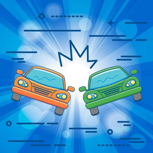 フラット ライン デザイン グラフィック イメージ概念車クラッシュ ベクトル図 つの自動車衝突 青の背景に分離した自動車事故現場の — ストックベクタ