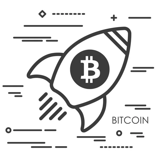 Concepto Arte Línea Plana Nave Espacial Con Icono Criptomoneda Bitcoin — Vector de stock