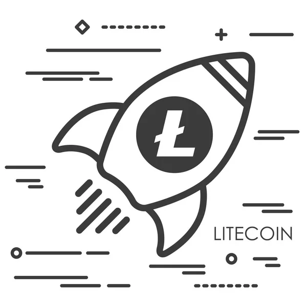 Ilustración Del Concepto Arte Línea Plana Nave Espacial Con Litecoin — Vector de stock