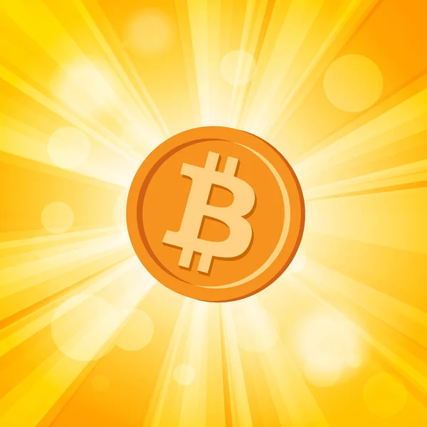 Bitcoin Naranja Criptomoneda Brillantes Rayos Amarillos Fondo Efecto Sol — Vector de stock