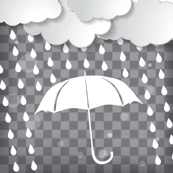 Wolken Mit Weißem Regenschirm Und Regentropfen Auf Transparentem Hintergrund — Stockvektor