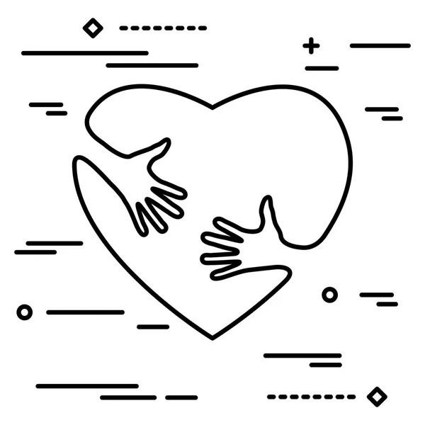 愛とケア 幸せなバレンタインデーの概念を抱き締める手と心線形アート シルエット — ストックベクタ
