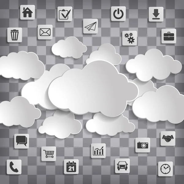 格子模様の背景上のメディア アイコンを持つコンピューティング抽象的な雲 — ストックベクタ