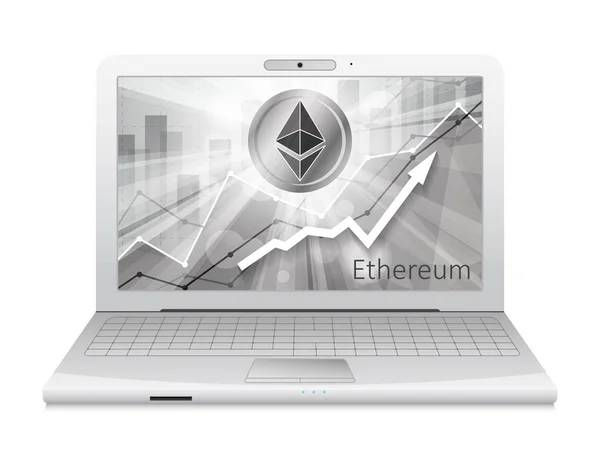 Laptop Med Ethereum Kryptovaluta Ikonen Ljusa Strålar Bakgrund Med Statistik — Stock vektor