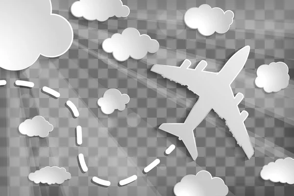 Αεροπλάνο Χαρτί Χαρτί Σύννεφα Και Φως Δοκάρια Ακτίνες Φόντο Διαιρεσμένο — Διανυσματικό Αρχείο