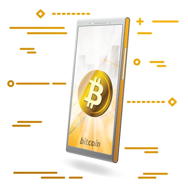 Lineare Kunst Goldene Bitcoin Kryptowährung Auf Dem Bildschirm Des Telefons — Stockvektor