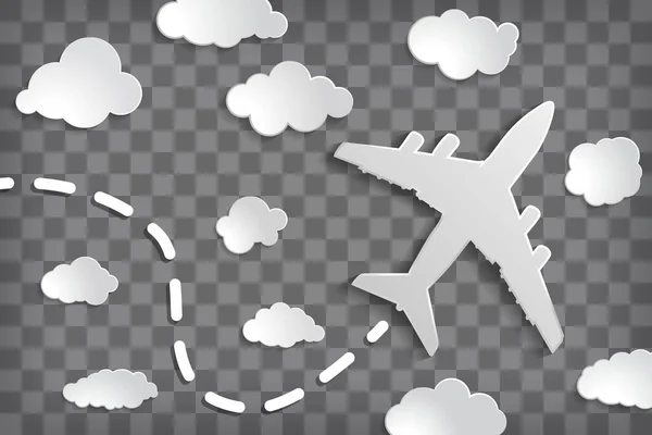 Papieren Vliegtuigje Met Wolken Geblokte Achtergrond — Stockvector
