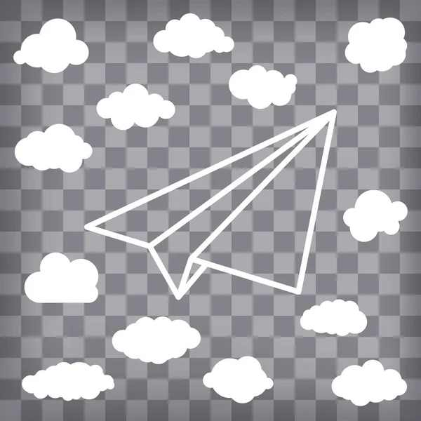 格子模様の背景に雲と白い線形紙飛行機 — ストックベクタ