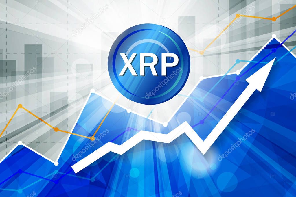 ripple cryptocurrency in the bright rays on background with statistics chart and arrow going up
