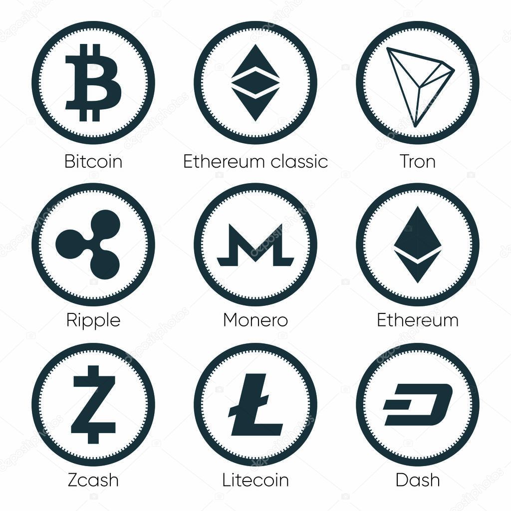 Flat cryptocurrencies icons of zcash, dash, tron, bitcoin, ethereum, ripple, monero and litecoin on white background. Symbols for ui, web, social media designs