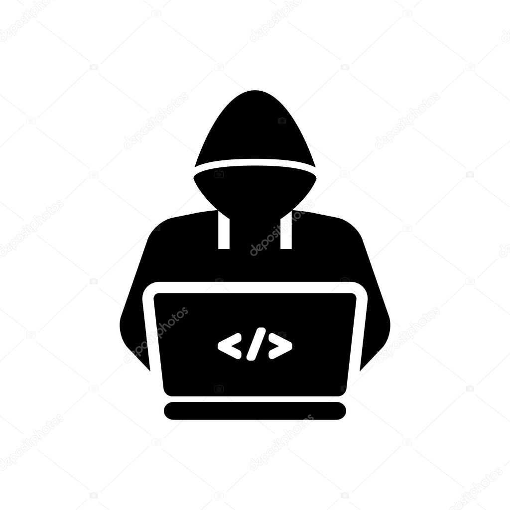 Thin lineart hacker with laptop icon