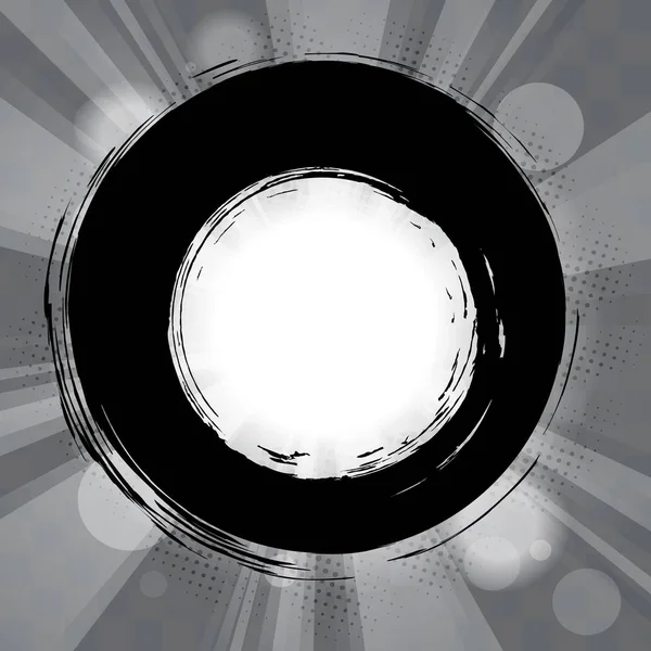 格子模様の背景にサンバーストとハーフトーン グラフィック部分とグランジ円形フレーム — ストックベクタ