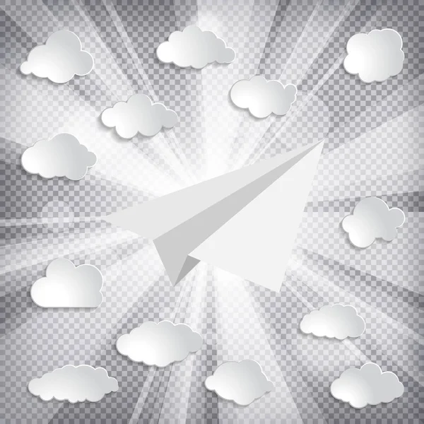 Avion Papier Blanc Avec Nuages Rayons Soleil Sur Fond Damier — Image vectorielle