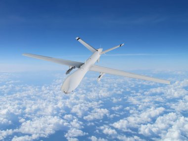 Askeri Uav uçakları mavi arka planda güzel bulutların zemininde uçuyor.