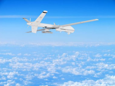 Askeri Uav uçağı mavi arka planda güzel bulutların zemininde uçuyor.