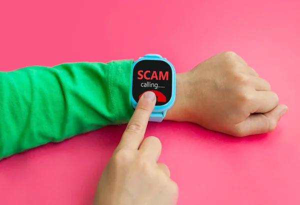 Wearable kids smart watch receive unwanted scam call and track location with touch screen and voice service and boys hand try to reset call, blue electronic gadget with rubber wristband for kids. GPS tracker for kids, child tracking and parental cont