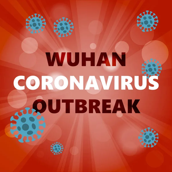Modelo de cepas del virus Abstarct Novel coronavirus 2019-nCoV con texto Brote de coronavirus de Wuhan sobre fondo rojo. Concepto de protección contra la pandemia viral — Vector de stock