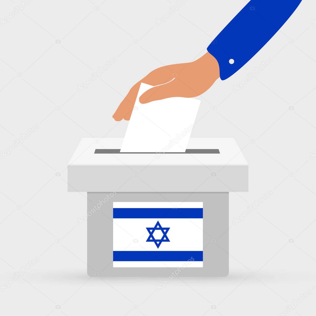 Flat hand putting vote bulletin into ballot box with flag icon. Election concept in Israel