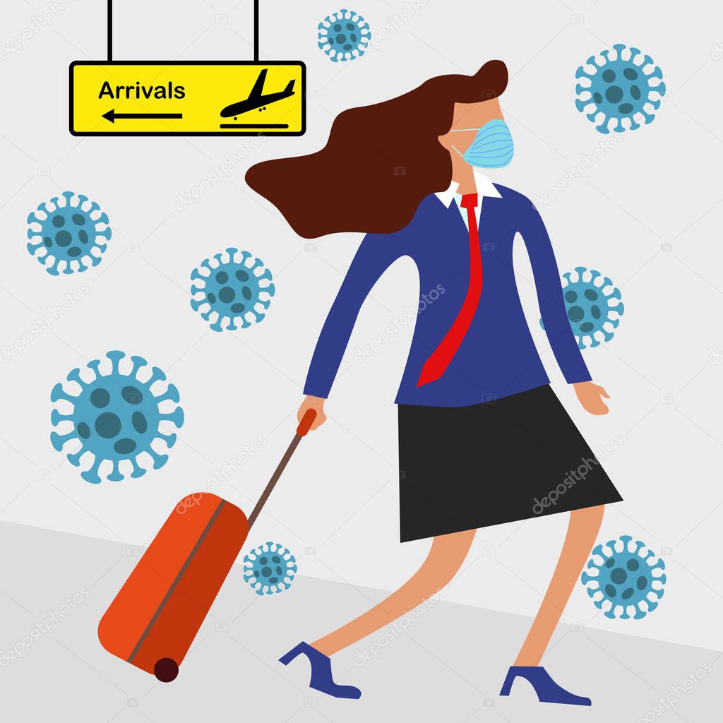 MERS-Cov middle East respiratory syndrome coronavirus , Novel coronavirus 2019-nCoV , woman in suit with blue medical face mask and travel bag moves from direction of arrival