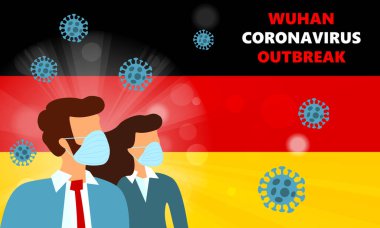 Abstract virus strain model Novel coronavirus 2019-nCoV with woman and man in suit with blue medical face mask on flag of Germany. Wuhan pneumonia outbreak. Flu Pandemic Protection Concept