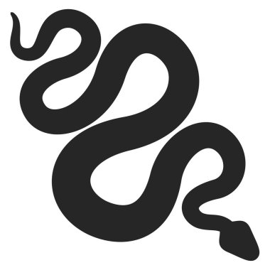 Düz, siyah, kıvrımlı yılan simgesi silueti beyaz arkaplanda izole edilmiş. 